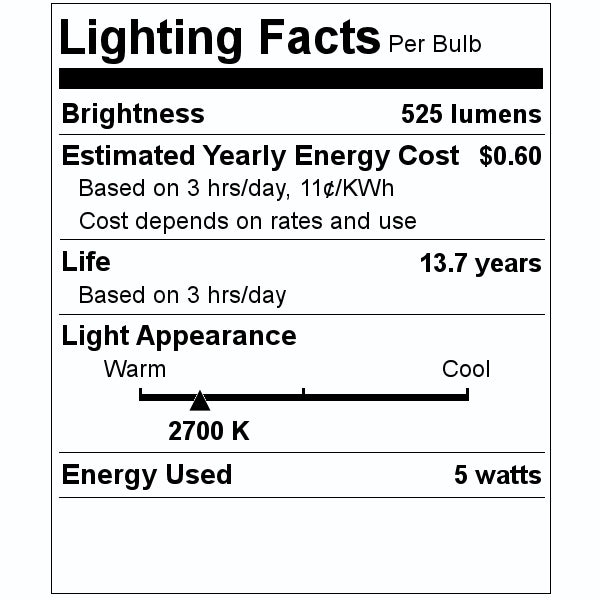 5  watt 120 volt B10 Medium Screw Base 2700K Warm White Dimmable LED 2