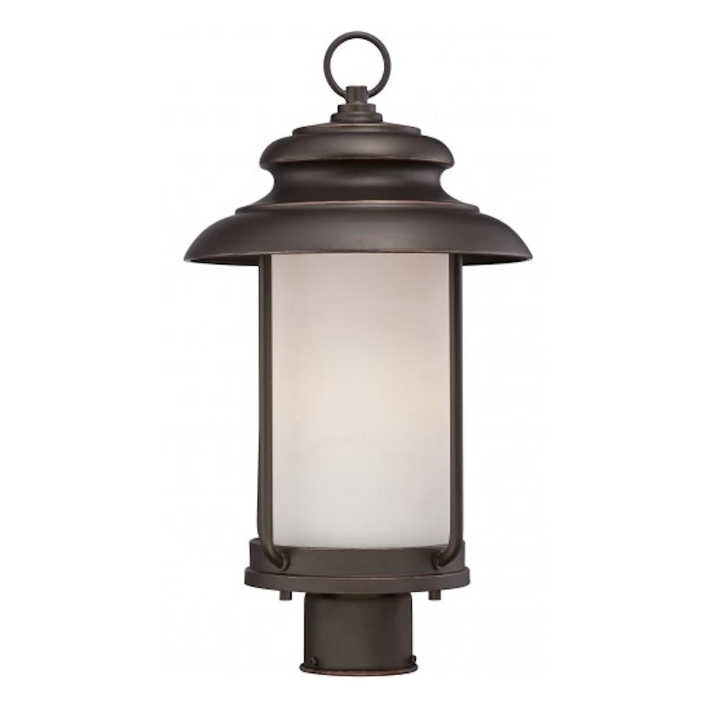 1 Light 9.8 watt 2700K Mahogany Bronze Satin White Glass Shade LED Outdoor Post Top Lantern Fixture 1