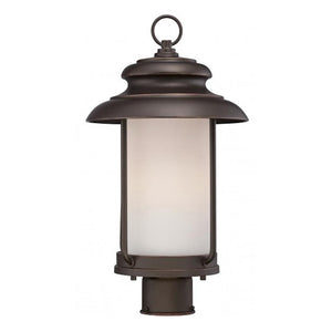 1 Light 9.8 watt 2700K Mahogany Bronze Satin White Glass Shade LED Outdoor Post Top Lantern Fixture 1