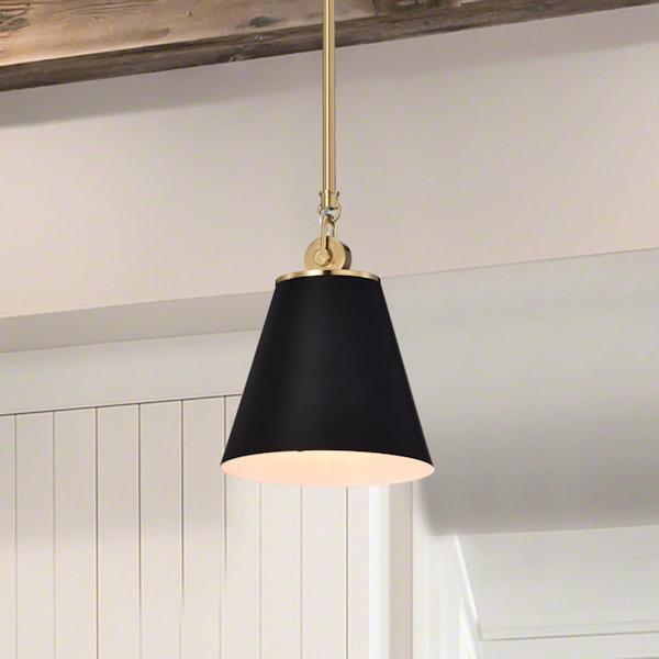 1 Light Vintage Brass Black Shade Pendant Light Fixture 3