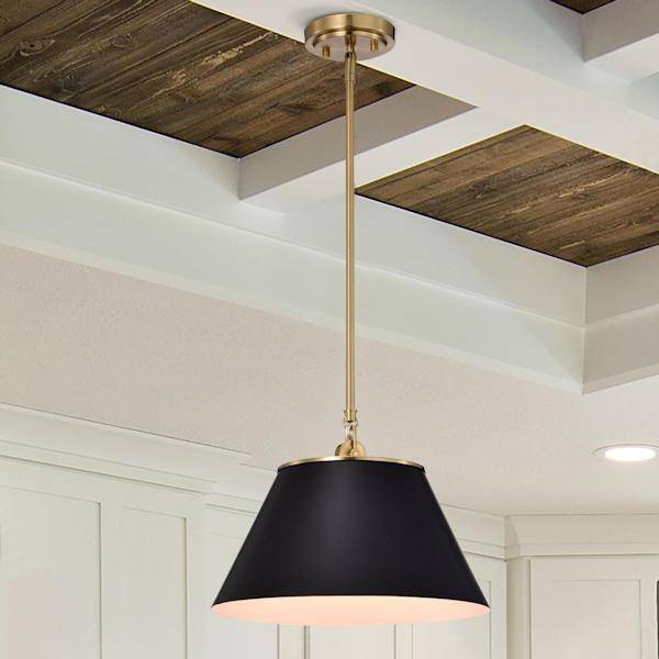 1 Light Vintage Brass Black Shade Medium Pendant Light Fixture 2