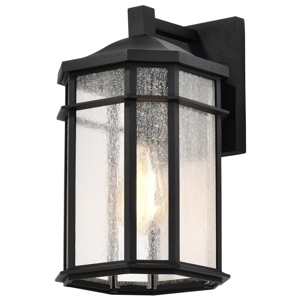1 Lamp 14" 120 volt Clear Seeded Glass Matte Black Outdoor Wall Lantern Light Fixture 1