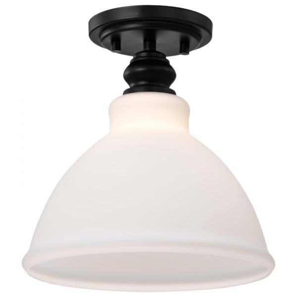 10" 1 Light 120 volt Matte Black Satin White Glass Semi Flush Light Fixture 2