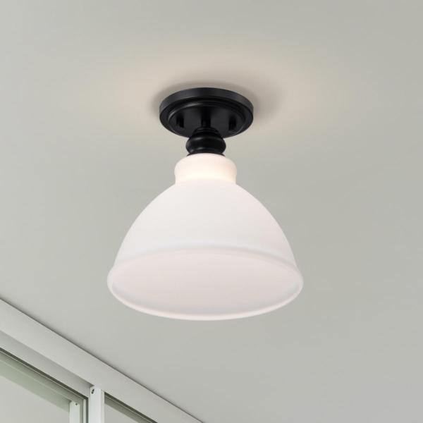 10" 1 Light 120 volt Matte Black Satin White Glass Semi Flush Light Fixture 4