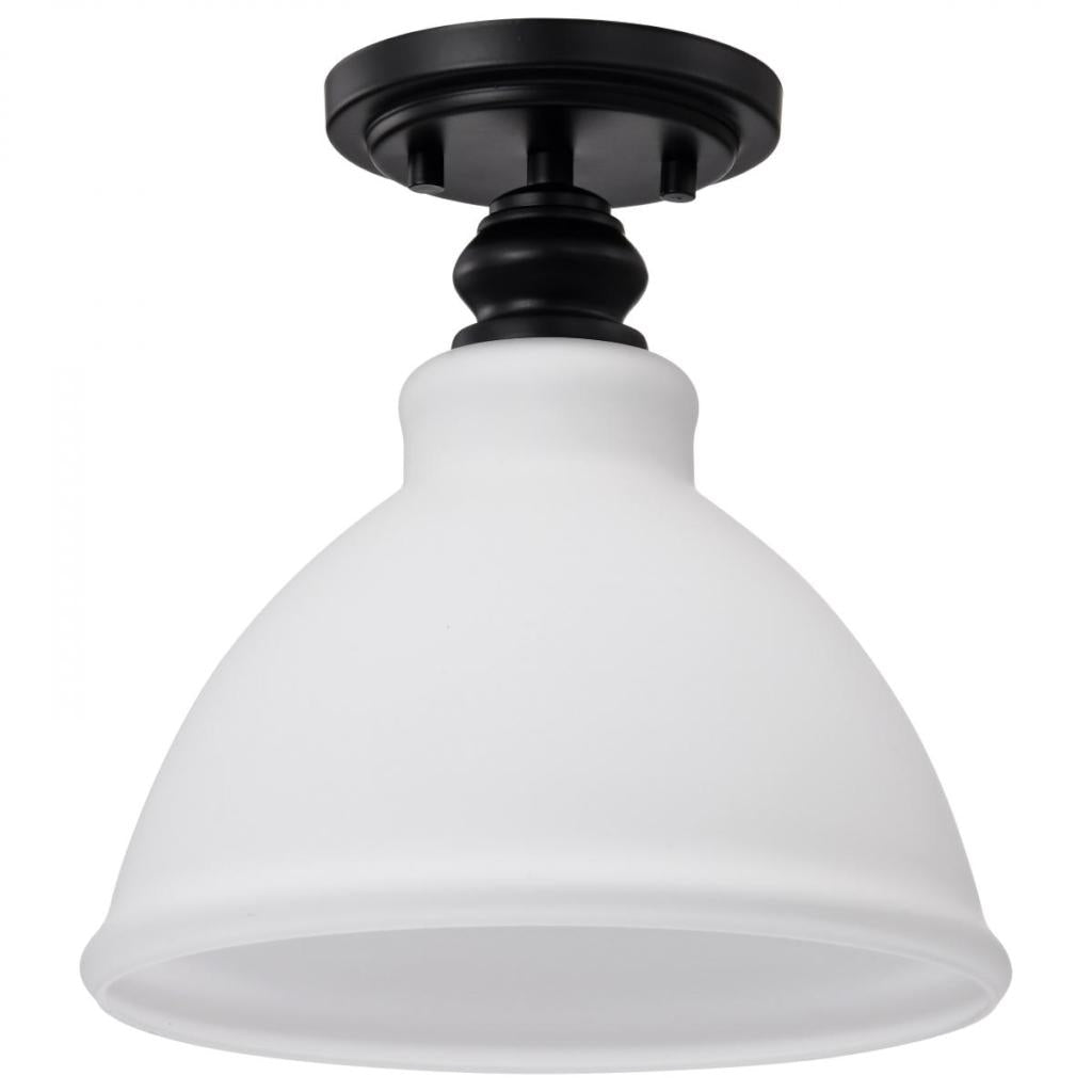 10" 1 Light 120 volt Matte Black Satin White Glass Semi Flush Light Fixture 1