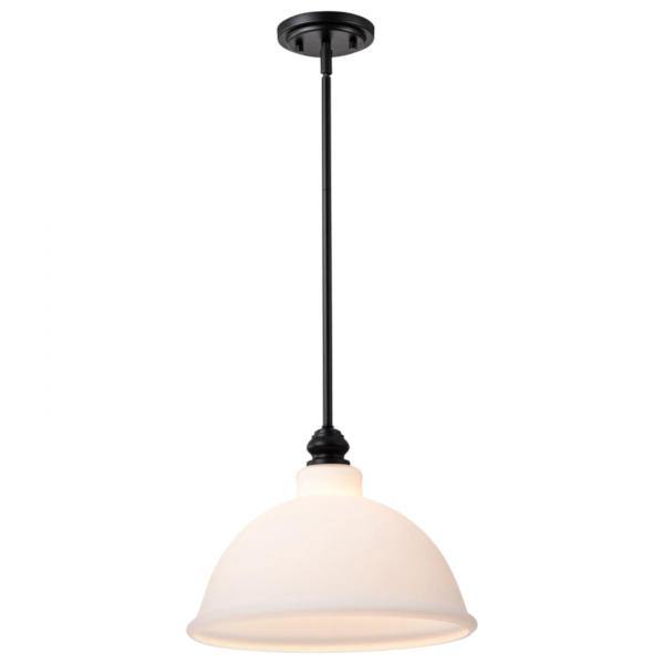 14" 1 Light 120 volt Matte Black Satin White Glass Pendant Light Fixture 2
