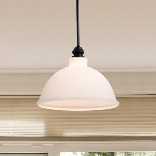 14" 1 Light 120 volt Matte Black Satin White Glass Pendant Light Fixture 5