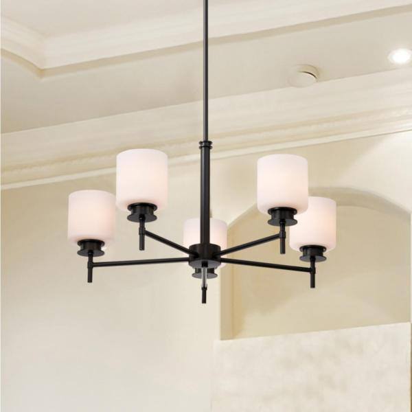 28" 5 Lamp 120 volt Gun Metal Satin White Glass Chandelier 3