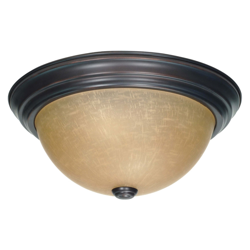 2 Light 13" Round Mahogany Bronze Champagne Washed Linen Glass Shade Ceiling Light Fixture 1