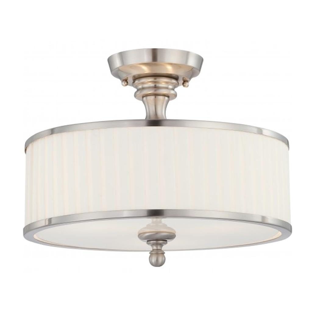 3 Light 15" Round Brushed Nickel White Pleated Fabric Shade Ceiling Light Fixture 1