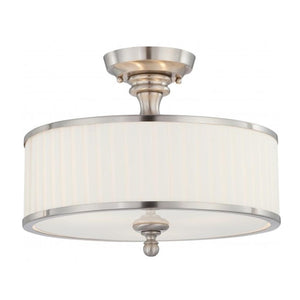 3 Light 15" Round Brushed Nickel White Pleated Fabric Shade Ceiling Light Fixture 1