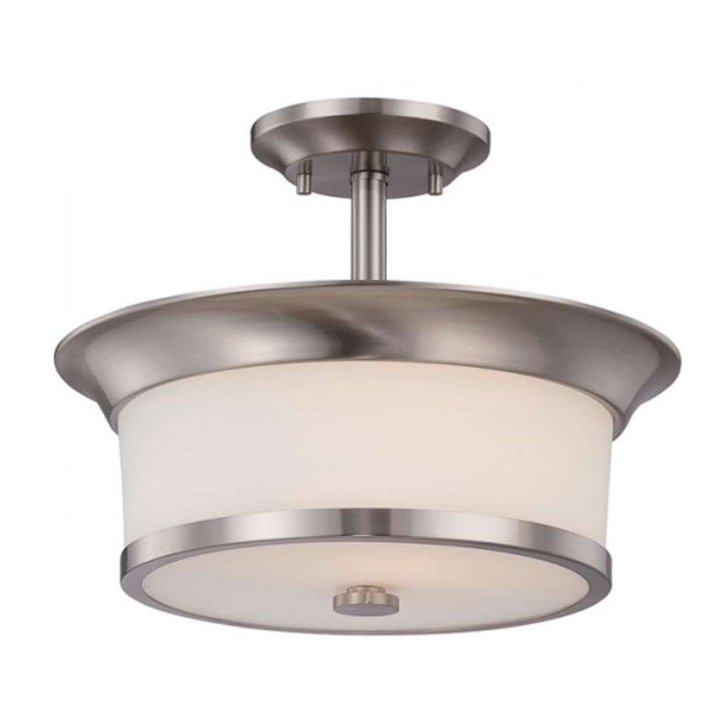 2 Light Brushed Nickel Satin White Glass Shade Ceiling Light Fixture 1