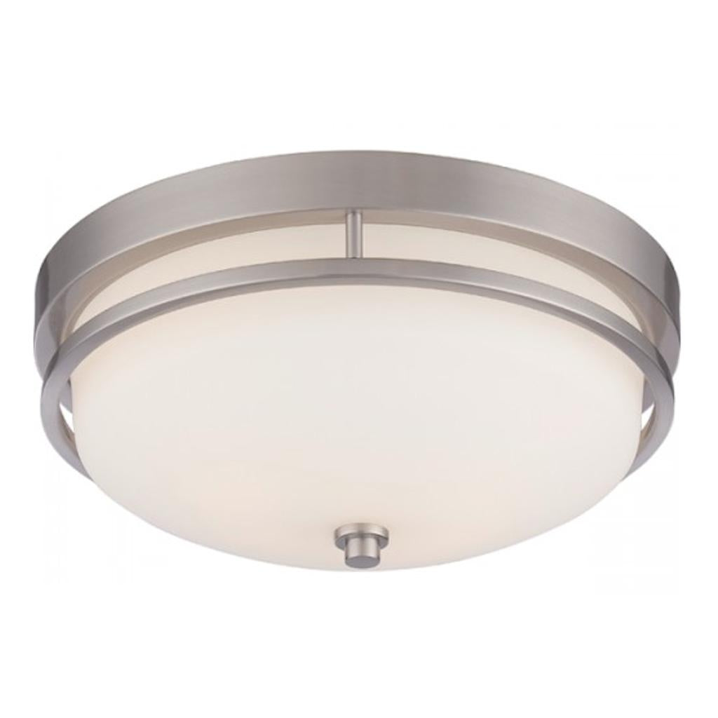 2 Light 13" Round Brushed Nickel Satin White Glass Shade Ceiling Light Fixture 1