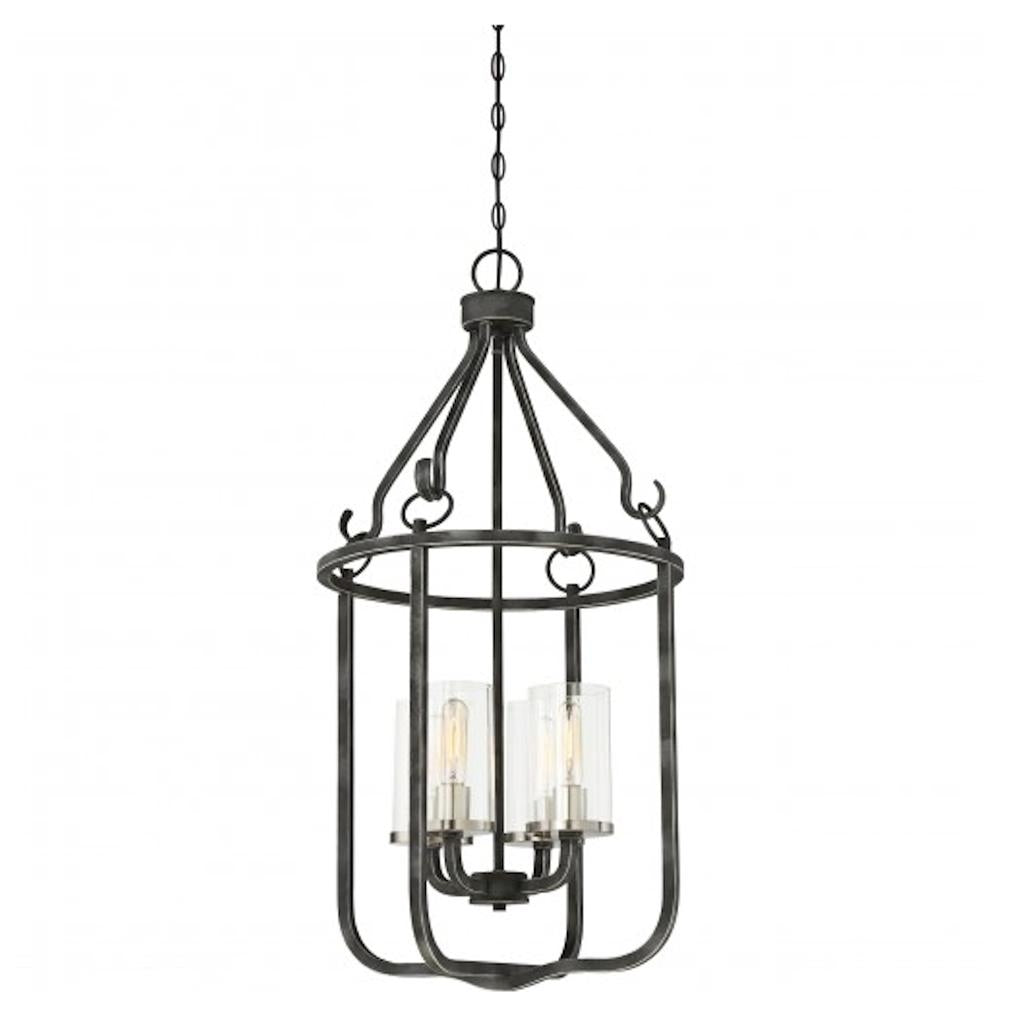 4 Light Iron Black Clear Glass Shades Caged Pendant Light Fixture 1