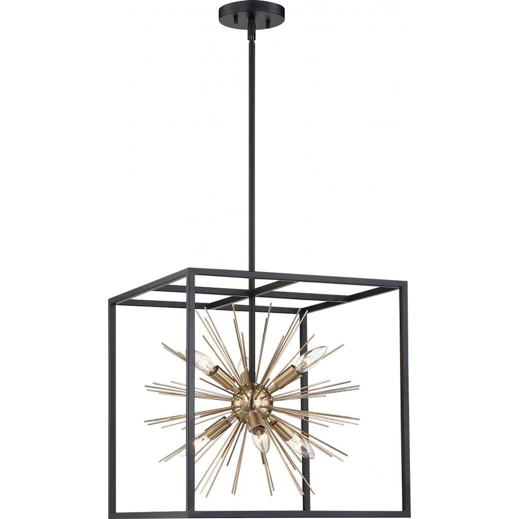 6 Light Matte Black Finish with Burnished Brass Accents Pendant 1