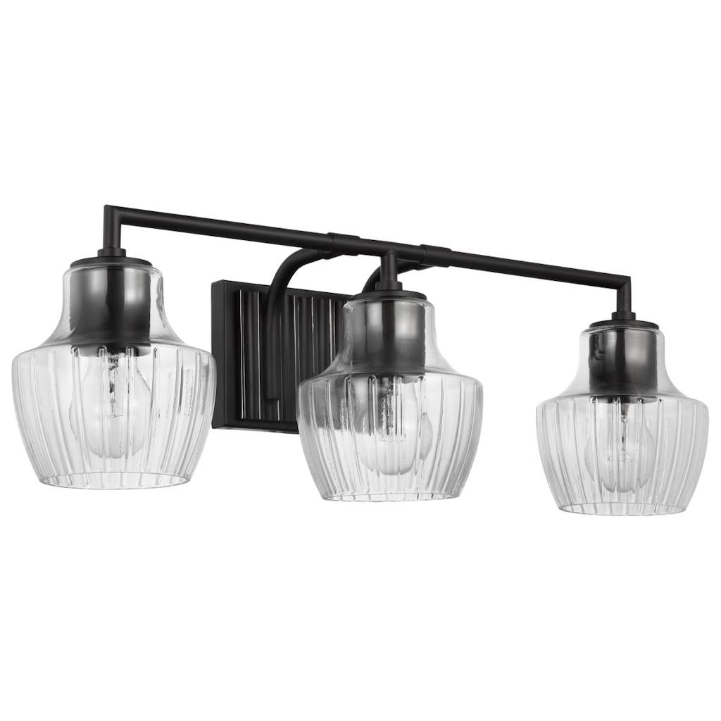 3 Lamp Black/Silver Clear Ribbed Glass Indoor Vanity Light Fixture 1