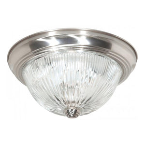2 Light 13" Round Brushed Nickel Clear Ribbed Glass Shade Ceiling Light Fixture 1