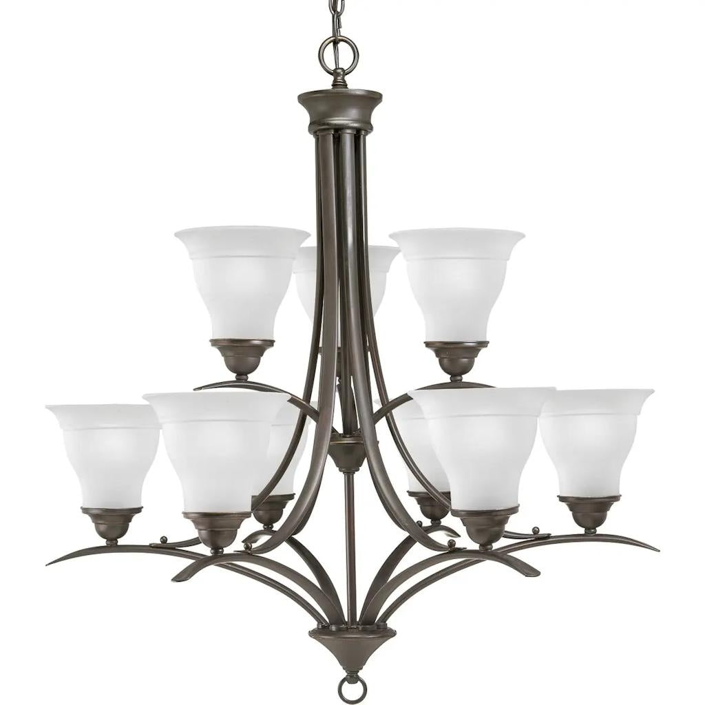 9 Light Antique Bronze Etched Glass Shade Chandelier Light Fixture 1