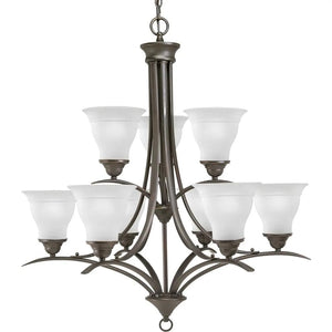 9 Light Antique Bronze Etched Glass Shade Chandelier Light Fixture 1