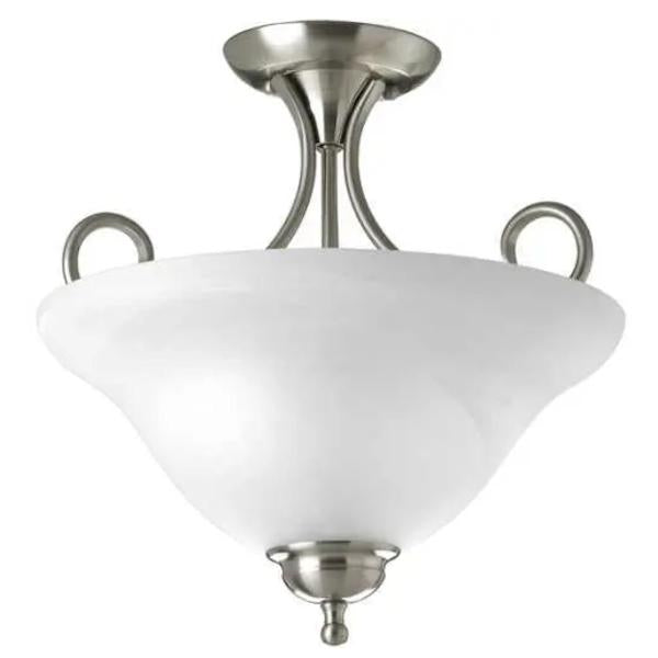 2 Light Brushed Nickel Etched Ribbed Glass Semi-Flush Ceiling Light Fixture 1