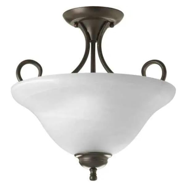 2 Light Antique Bronze Etched Ribbed Glass Semi-Flush Ceiling Light Fixture 1