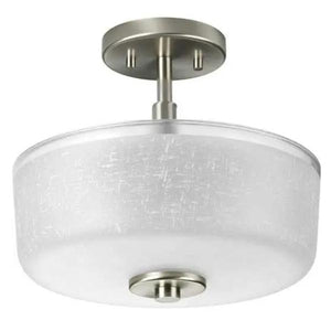 2 Light 120 volt Brushed Nickel Etched Linen Glass Bowl Semi Flush Light Fixture 1