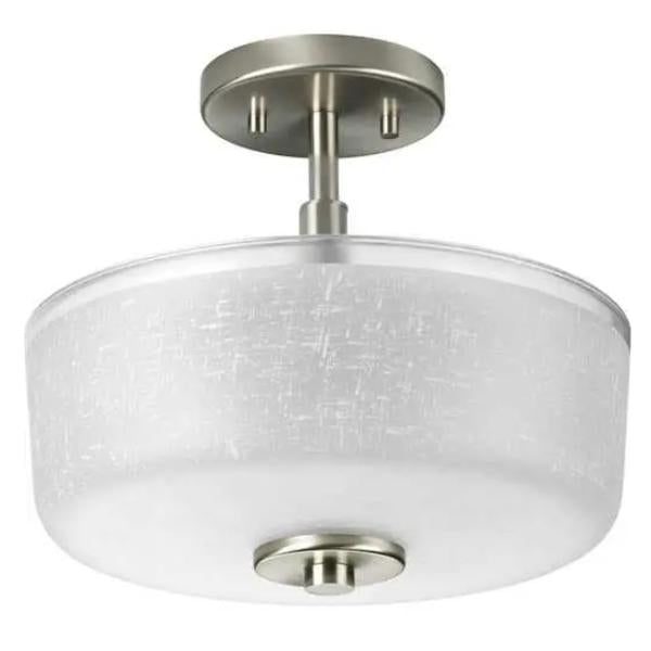 2 Light 120 volt Brushed Nickel Etched Linen Glass Bowl Semi Flush Light Fixture 1