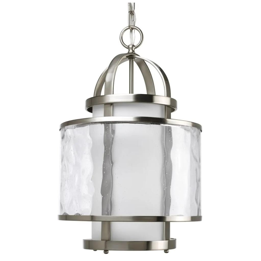 1 Light Brushed Nickel Distressed Glass with Etched Shade Pendant Light Fixture 1