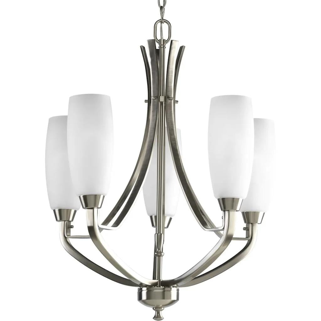 5 Light Brushed Nickel Etched Glass Shade Chandelier Light Fixture 1