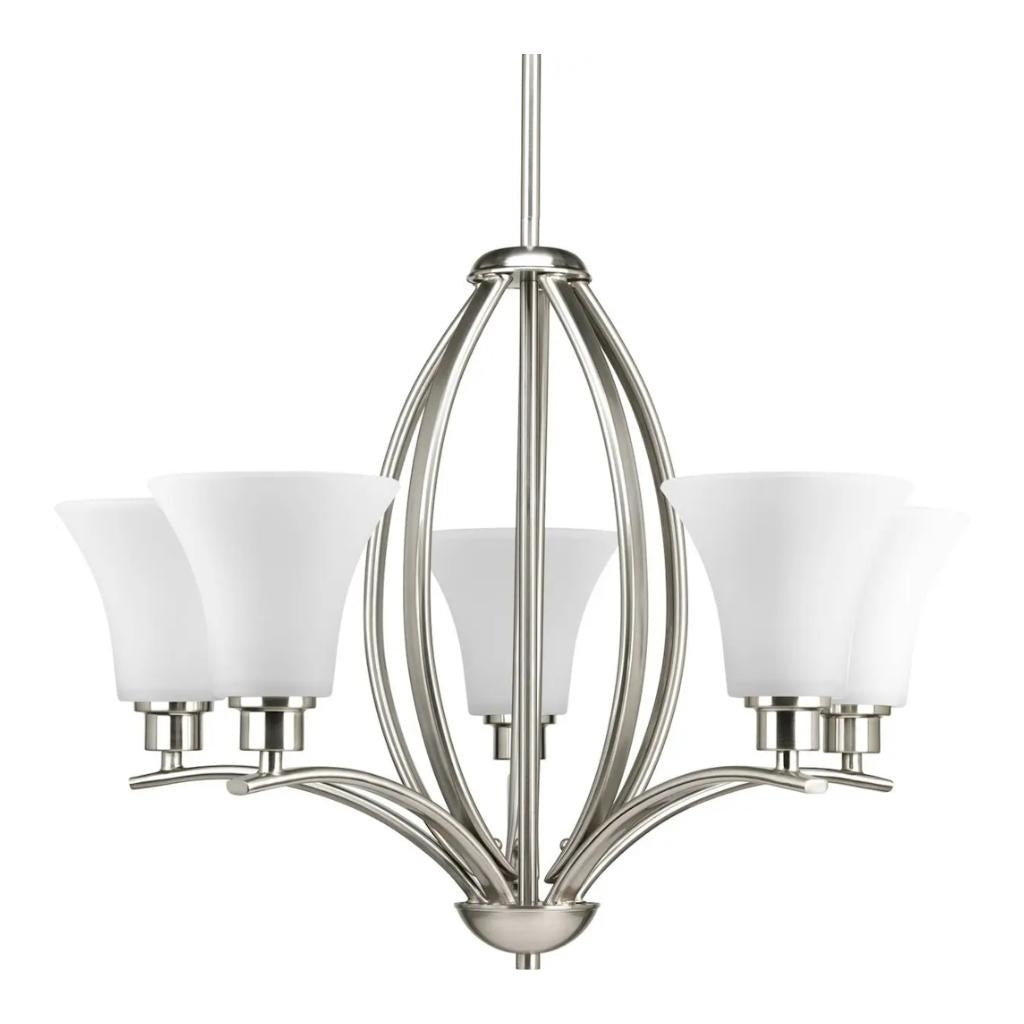 5 Light Brushed Nickel Etched Glass Shade Chandelier Light Fixture 1