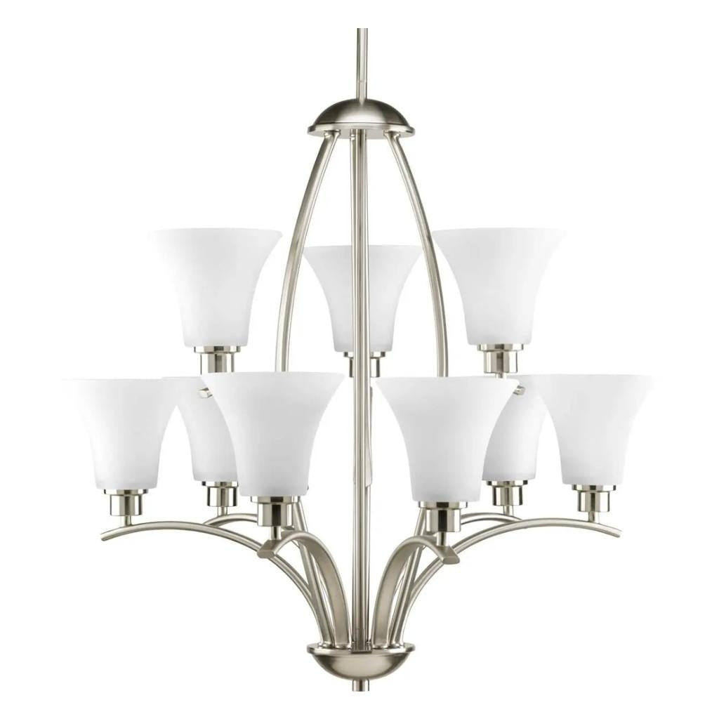 9 Light Brushed Nickel Etched Glass Shade Chandelier Light Fixture 1
