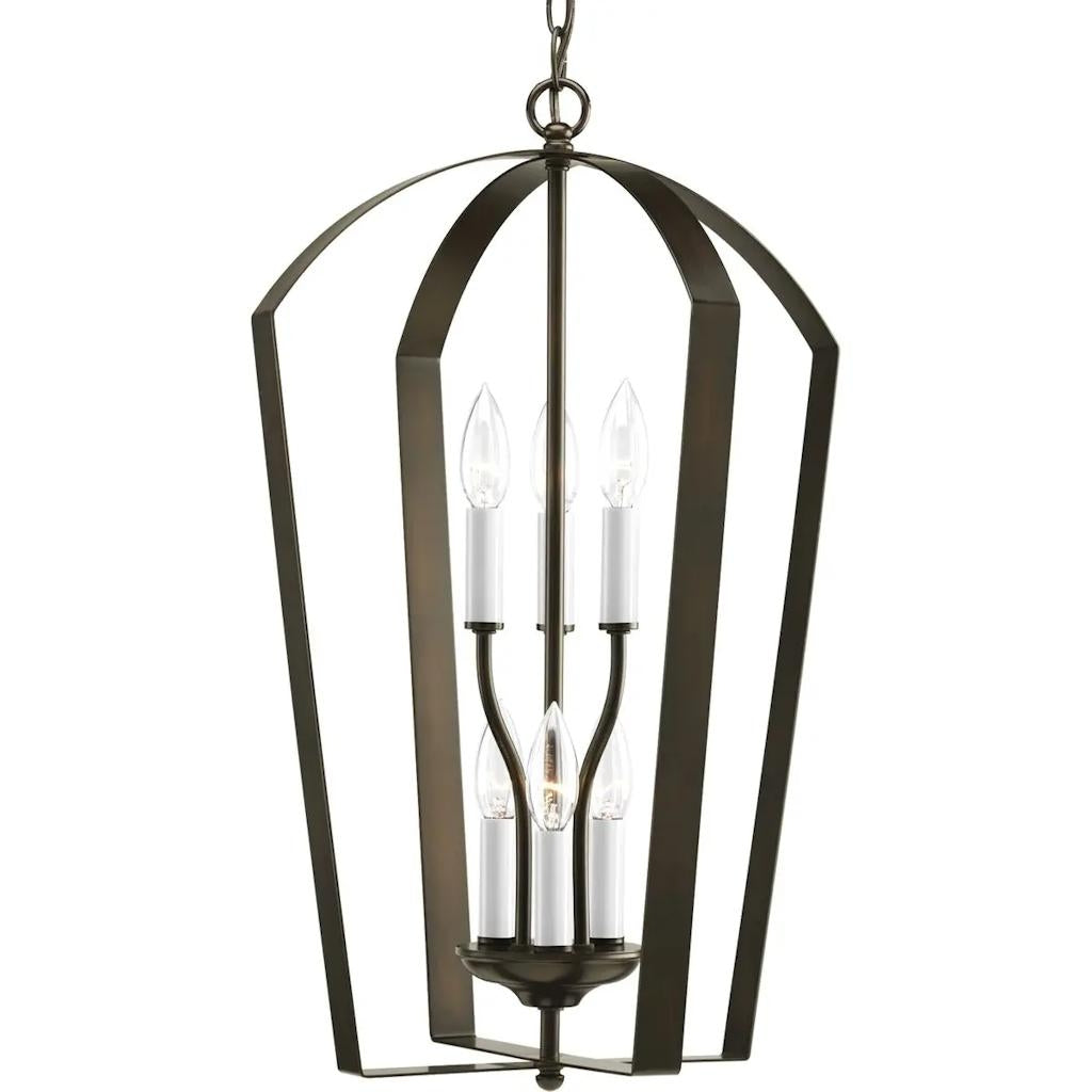 6 Light Antique Bronze White/Antique Bronze Glass Candle Sleeves Pendant Light Fixture 1