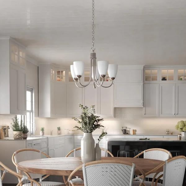 5 Light Brushed Nickel Etched Glass Shade Chandelier Light Fixture 3