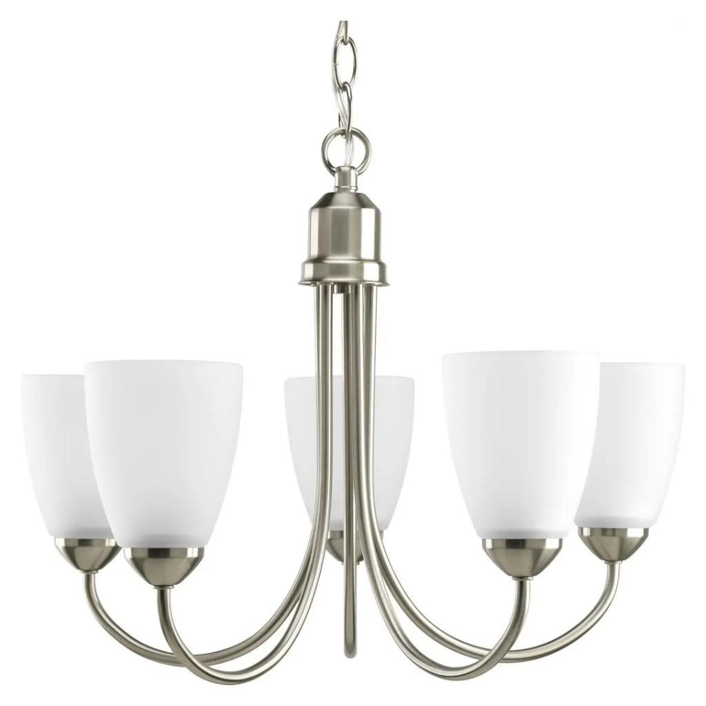 5 Light Brushed Nickel Etched Glass Shade Chandelier Light Fixture 1