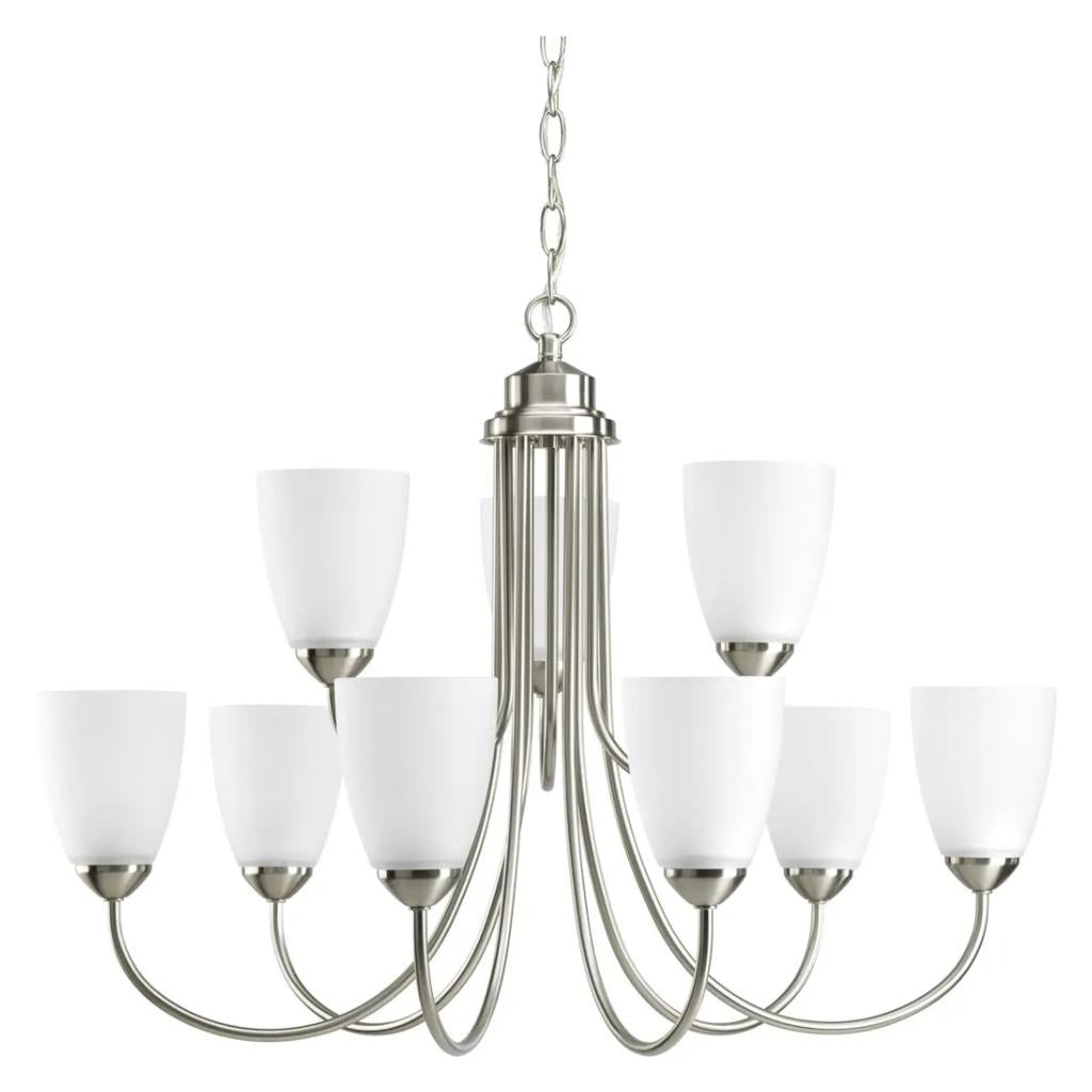9 Light Brushed Nickel Etched Glass Shade Chandelier Light Fixture 1