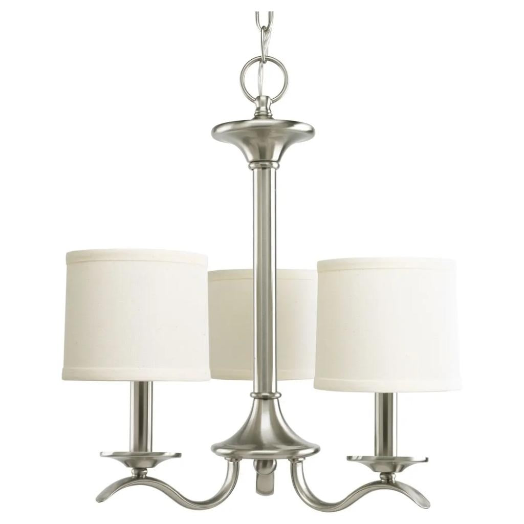 3 Light Brushed Nickel Off-White Linen Shade Chandelier Light Fixture 1