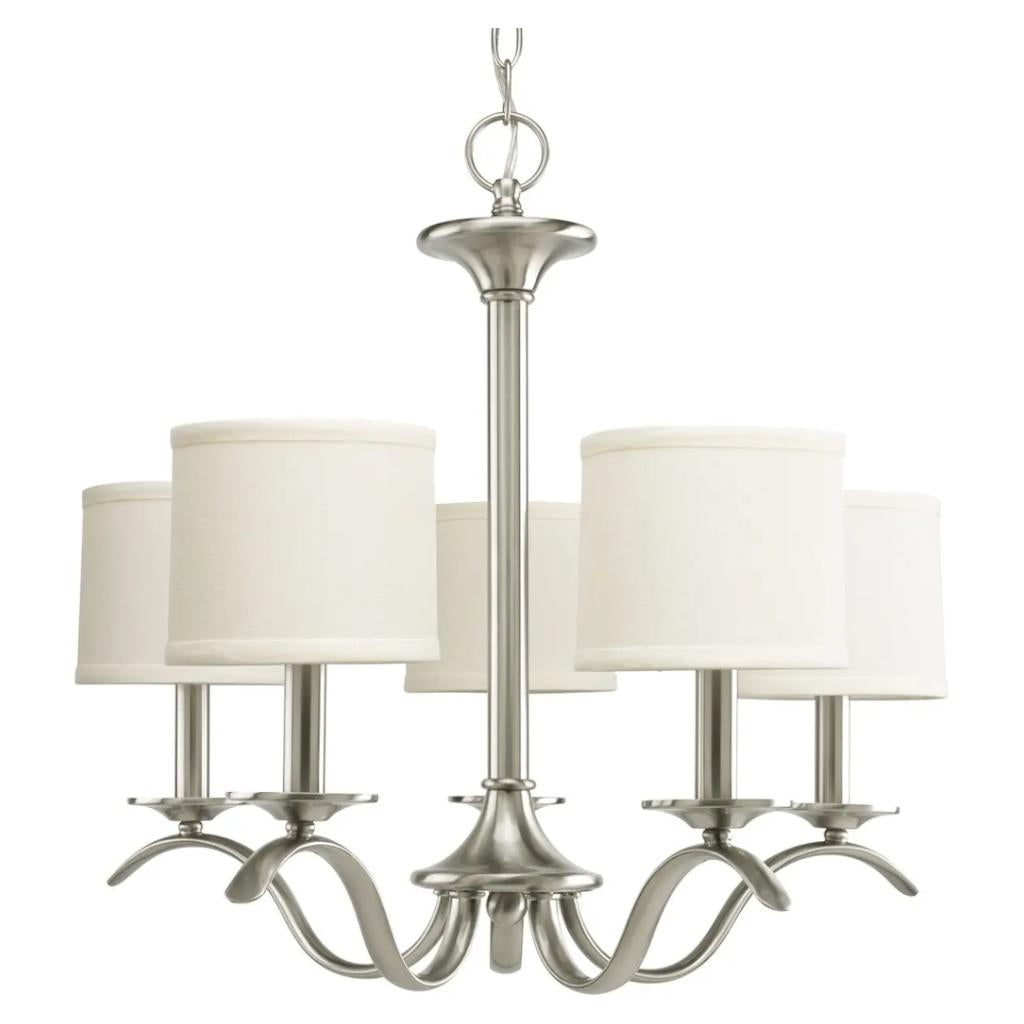 5 Light Brushed Nickel Off-White Linen Shade Chandelier Light Fixture 1