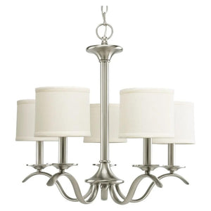 5 Light Brushed Nickel Off-White Linen Shade Chandelier Light Fixture 1