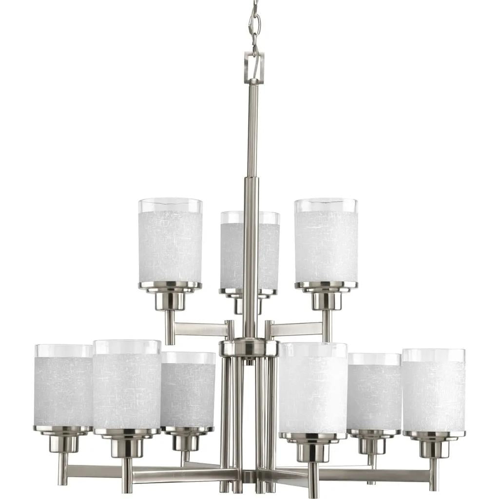 9 Light Brushed Nickel Etched Glass Clear Edge Shade Chandelier Light Fixture 1