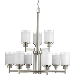 9 Light Brushed Nickel Etched Glass Clear Edge Shade Chandelier Light Fixture 1