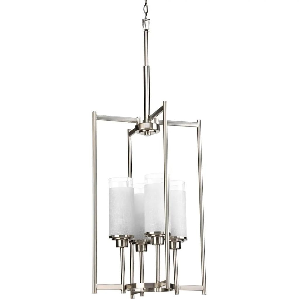 4 Light Brushed Nickel White Linen Glass Shade Pendant Light Fixture 1