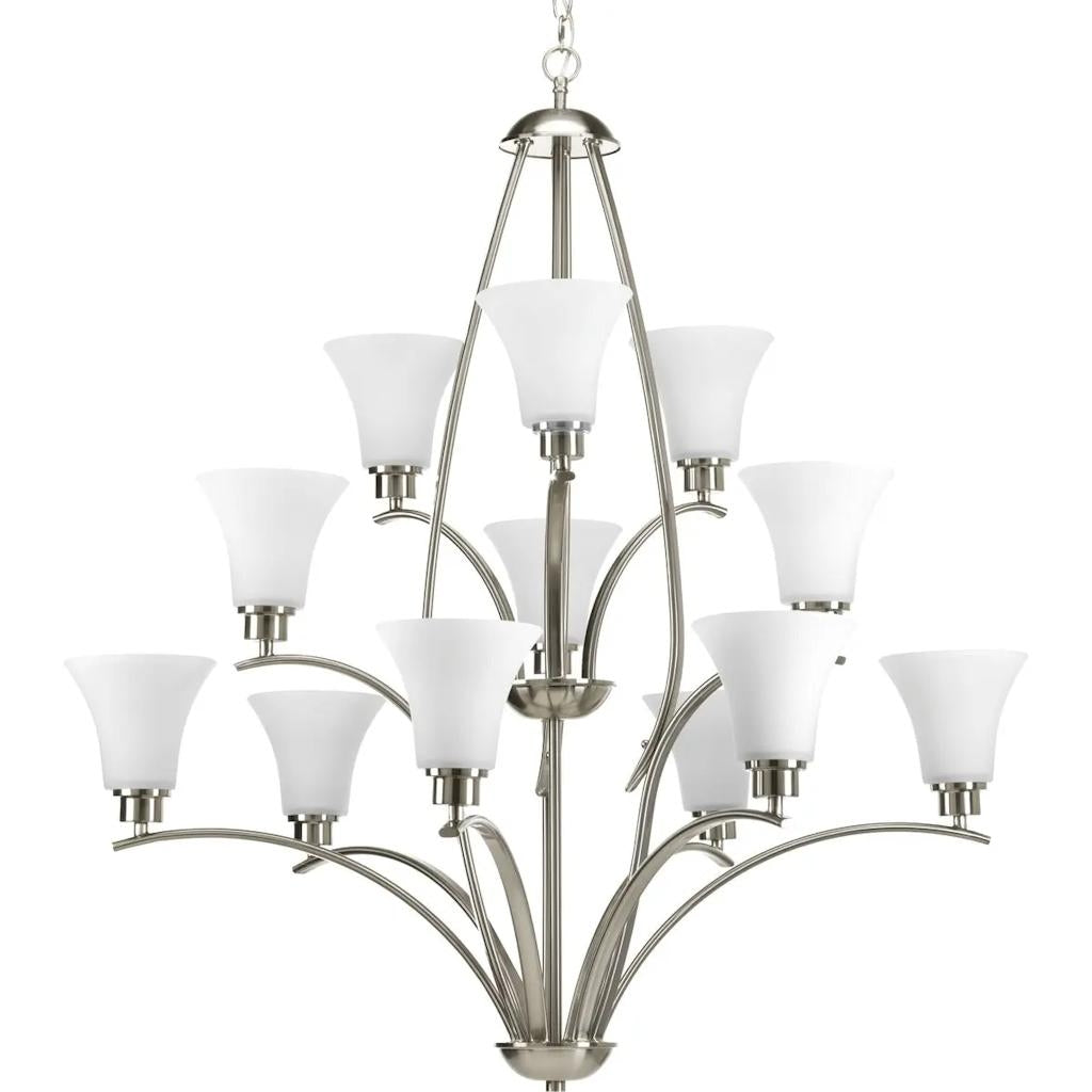 12 Light Brushed Nickel Etched Glass Shade Chandelier Light Fixture 1