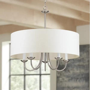 5 Light Brushed Nickel White Textured Linen Shade Chandelier Light Fixture 2