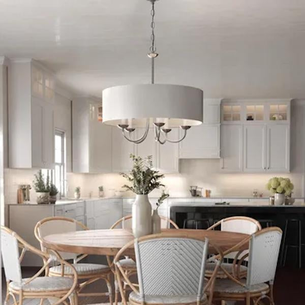 5 Light Brushed Nickel White Textured Linen Shade Chandelier Light Fixture 3