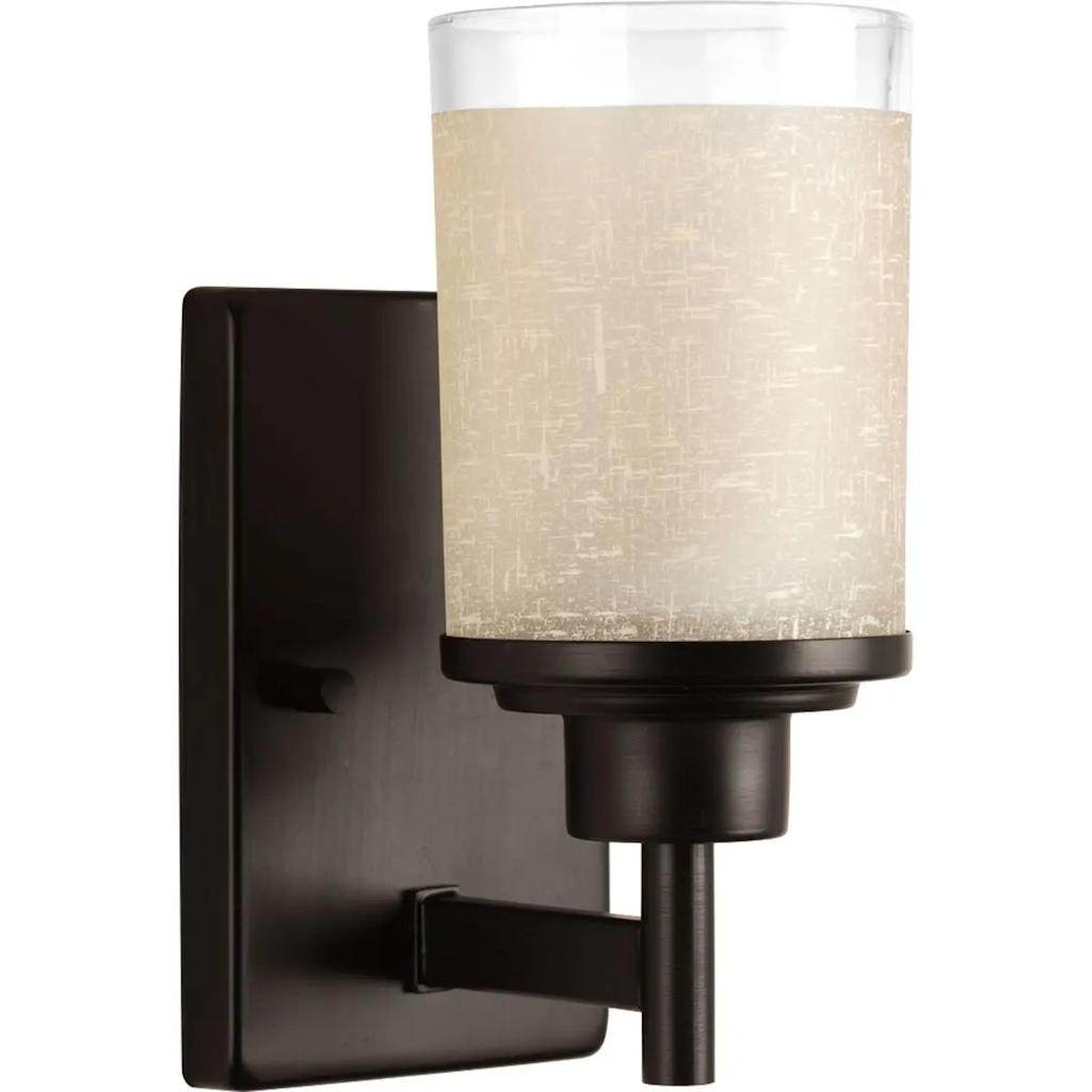 1 Light 120 volt Antique Bronze Vanity Etched Linen With Clear Edge Glass Light Fixture 1