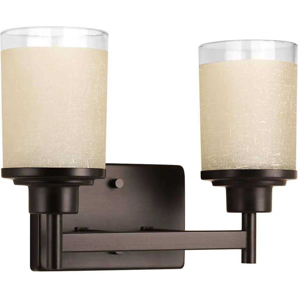 2 Light 120 volt Antique Bronze Vanity Etched Linen With Clear Edge Glass Light Fixture 1