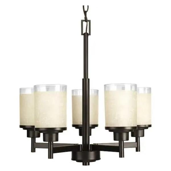 5 Light Antique Bronze Etched Glass Clear Edge Shade Chandelier Light Fixture 1