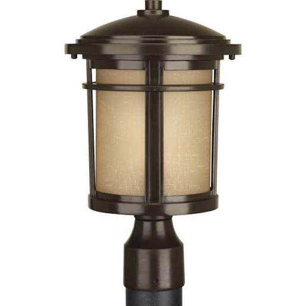 1 Light Antique Bronze with Etched Umber Linen Glass Wish Collection Post Top Light Fixture 1
