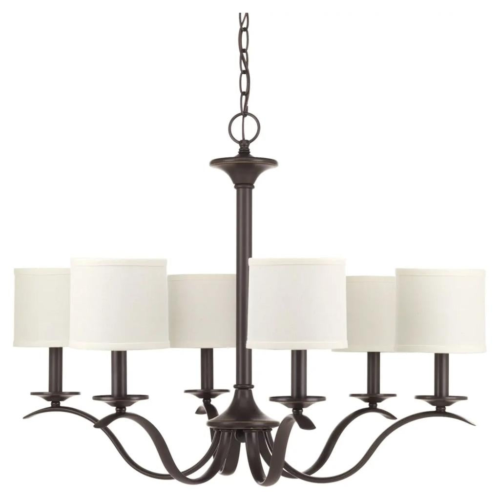 6 Light Antique Bronze Off-White Linen Shade Chandelier Light Fixture 1