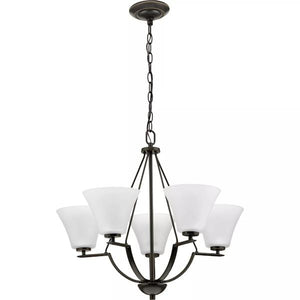 5 Light Antique Bronze Etched Glass Shade Chandelier Light Fixture 3